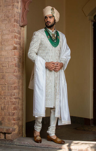 Nitika Gujral Men-Ivory Embroidered Achkan Set-INDIASPOPUP.COM