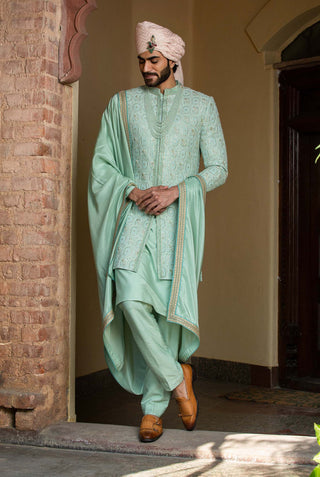 Nitika Gujral Men-Mint Green Monga Achkan Set-INDIASPOPUP.COM