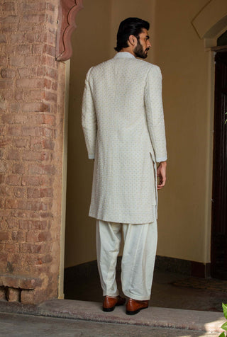 Nitika Gujral Men-Ivory Embroidered Long Jacket With Kurta And Salwar-INDIASPOPUP.COM
