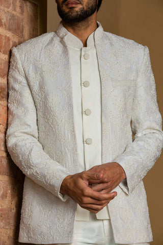 Nitika Gujral Men-Ivory Embroidered Short Jacket With Vest And Pant-INDIASPOPUP.COM