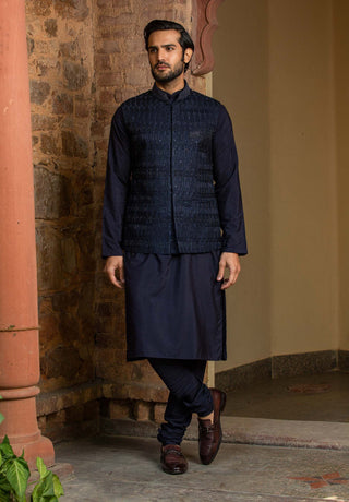 Nitika Gujral Men-Navy Blue Bundi With Kurta And Churidar-INDIASPOPUP.COM