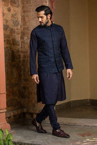 Nitika Gujral Men-Navy Blue Bundi With Kurta And Churidar-INDIASPOPUP.COM