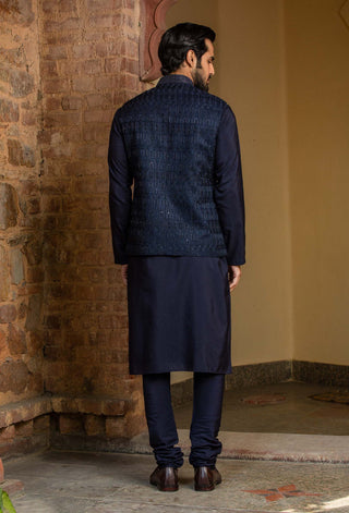 Nitika Gujral Men-Navy Blue Bundi With Kurta And Churidar-INDIASPOPUP.COM
