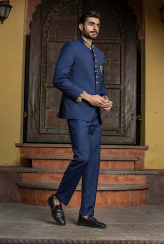 Nitika Gujral Men-Navy Blue Embroidered Jodhpuri Suit-INDIASPOPUP.COM
