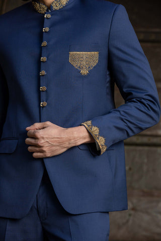 Nitika Gujral Men-Navy Blue Embroidered Jodhpuri Suit-INDIASPOPUP.COM