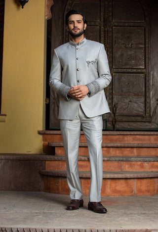 Nitika Gujral Men-Silver Grey Embroidered Jodhpuri Suit-INDIASPOPUP.COM