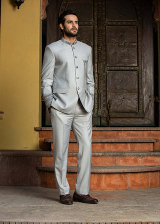 Nitika Gujral Men-Silver Grey Embroidered Jodhpuri Suit-INDIASPOPUP.COM