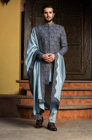 Nitika Gujral Men-Navy Blue Embroidered Sherwani Kurta Set-INDIASPOPUP.COM