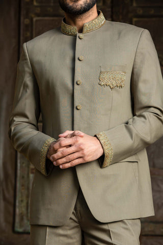 Nitika Gujral Men-Olive Green Embroidered Jodhpuri Suit-INDIASPOPUP.COM