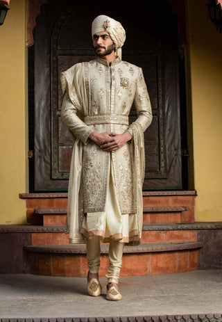 Nitika Gujral Men-Gold Twill Matka Achkan Set-INDIASPOPUP.COM