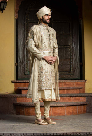 Nitika Gujral Men-Gold Twill Matka Achkan Set-INDIASPOPUP.COM