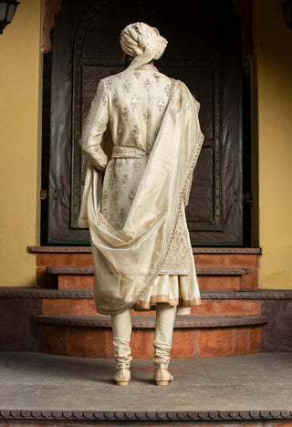 Nitika Gujral Men-Gold Twill Matka Achkan Set-INDIASPOPUP.COM