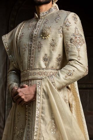 Nitika Gujral Men-Gold Twill Matka Achkan Set-INDIASPOPUP.COM