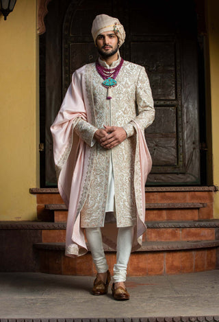 Nitika Gujral Men-Ivory Tafetta Achkan Set-INDIASPOPUP.COM