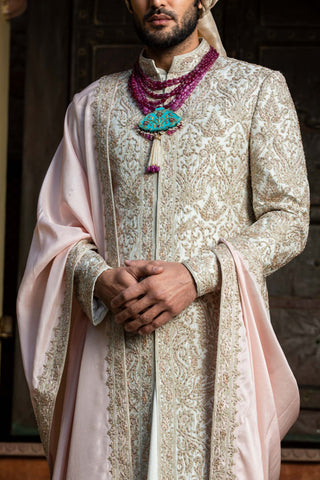 Nitika Gujral Men-Ivory Tafetta Achkan Set-INDIASPOPUP.COM