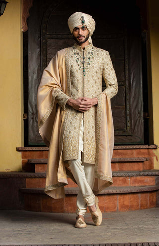 Nitika Gujral Men-Beige Zari Embroidered Achkan Set-INDIASPOPUP.COM