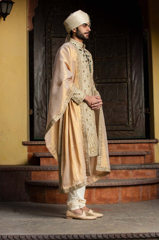 Nitika Gujral Men-Beige Zari Embroidered Achkan Set-INDIASPOPUP.COM