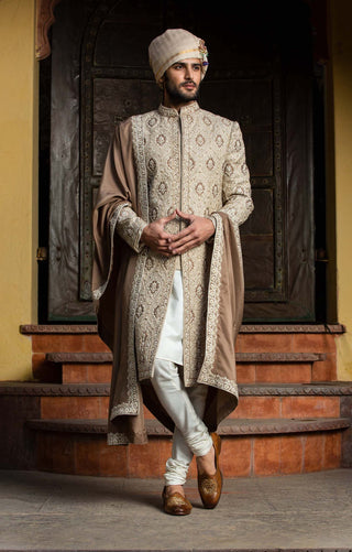 Nitika Gujral Men-Beige Brown Patchwork Achkan Set-INDIASPOPUP.COM