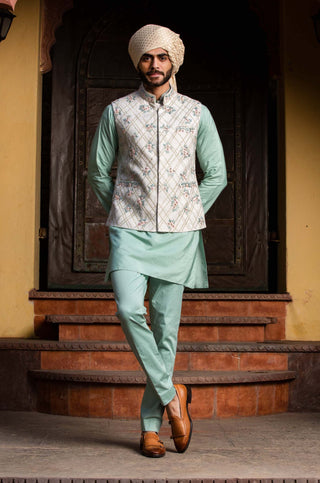 Nitika Gujral Men-Cream Embroidered Bundi With Green Kurta And Pants-INDIASPOPUP.COM