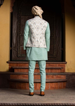 Nitika Gujral Men-Cream Embroidered Bundi With Green Kurta And Pants-INDIASPOPUP.COM