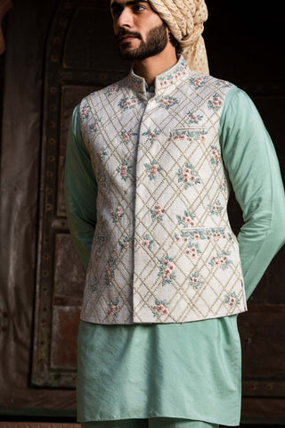 Nitika Gujral Men-Cream Embroidered Bundi With Green Kurta And Pants-INDIASPOPUP.COM