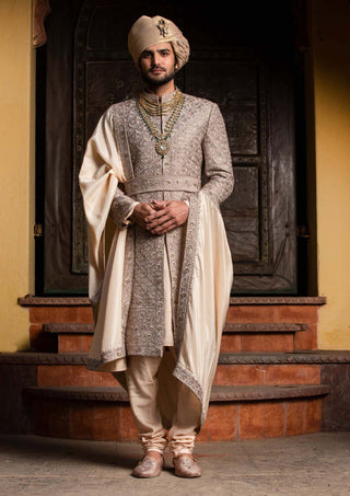 Nitika Gujral Men-Brown Raw Silk Achkan Set-INDIASPOPUP.COM