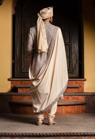 Nitika Gujral Men-Brown Raw Silk Achkan Set-INDIASPOPUP.COM