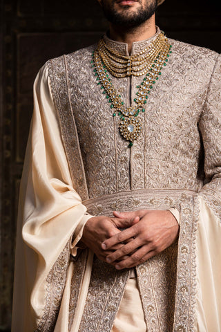 Nitika Gujral Men-Brown Raw Silk Achkan Set-INDIASPOPUP.COM