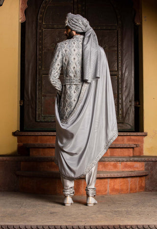 Nitika Gujral Men-Grey Embroidered Achkan Set-INDIASPOPUP.COM