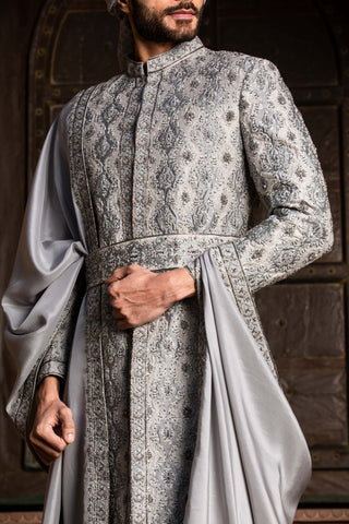 Nitika Gujral Men-Grey Embroidered Achkan Set-INDIASPOPUP.COM