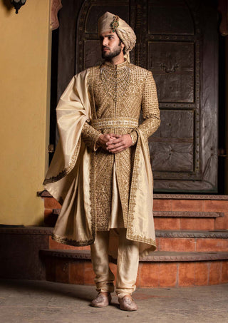 Nitika Gujral Men-Gold Raw Silk Achkan Set-INDIASPOPUP.COM