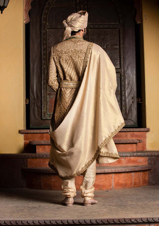 Nitika Gujral Men-Gold Raw Silk Achkan Set-INDIASPOPUP.COM