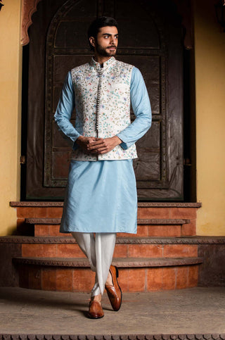 Nitika Gujral Men-Ivory Bundi With Blue Kurta And Dhoti-INDIASPOPUP.COM
