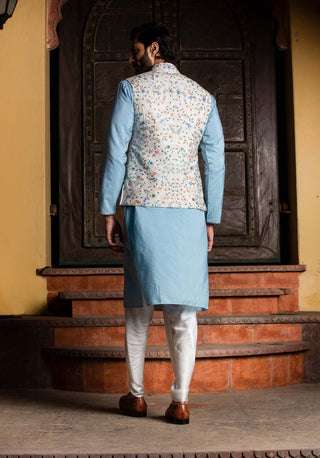 Nitika Gujral Men-Ivory Bundi With Blue Kurta And Dhoti-INDIASPOPUP.COM