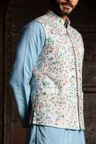 Nitika Gujral Men-Ivory Bundi With Blue Kurta And Dhoti-INDIASPOPUP.COM