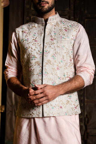 Nitika Gujral Men-Cream Embroidered Bundi Kurta Set-INDIASPOPUP.COM