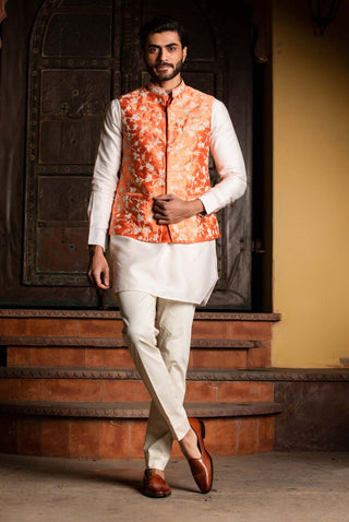 Nitika Gujral Men-Orange Bundi With Kurta And Pant-INDIASPOPUP.COM
