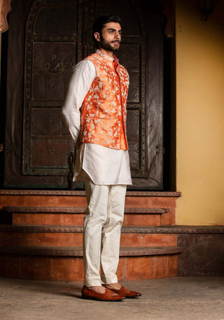 Nitika Gujral Men-Orange Bundi With Kurta And Pant-INDIASPOPUP.COM