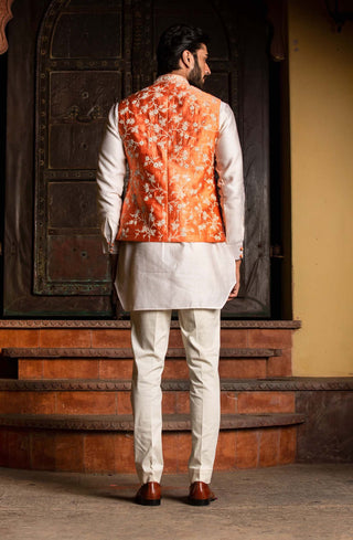 Nitika Gujral Men-Orange Bundi With Kurta And Pant-INDIASPOPUP.COM