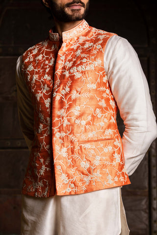 Nitika Gujral Men-Orange Bundi With Kurta And Pant-INDIASPOPUP.COM