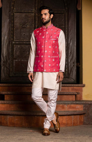 Nitika Gujral Men-Coral Bundi With Pink Kurta And Pant-INDIASPOPUP.COM