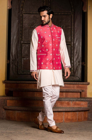 Nitika Gujral Men-Coral Bundi With Pink Kurta And Pant-INDIASPOPUP.COM