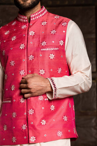 Nitika Gujral Men-Coral Bundi With Pink Kurta And Pant-INDIASPOPUP.COM