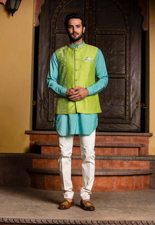 Nitika Gujral Men-Lime Bundi With Blue Kurta And Pant-INDIASPOPUP.COM