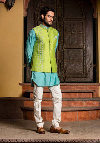 Nitika Gujral Men-Lime Bundi With Blue Kurta And Pant-INDIASPOPUP.COM