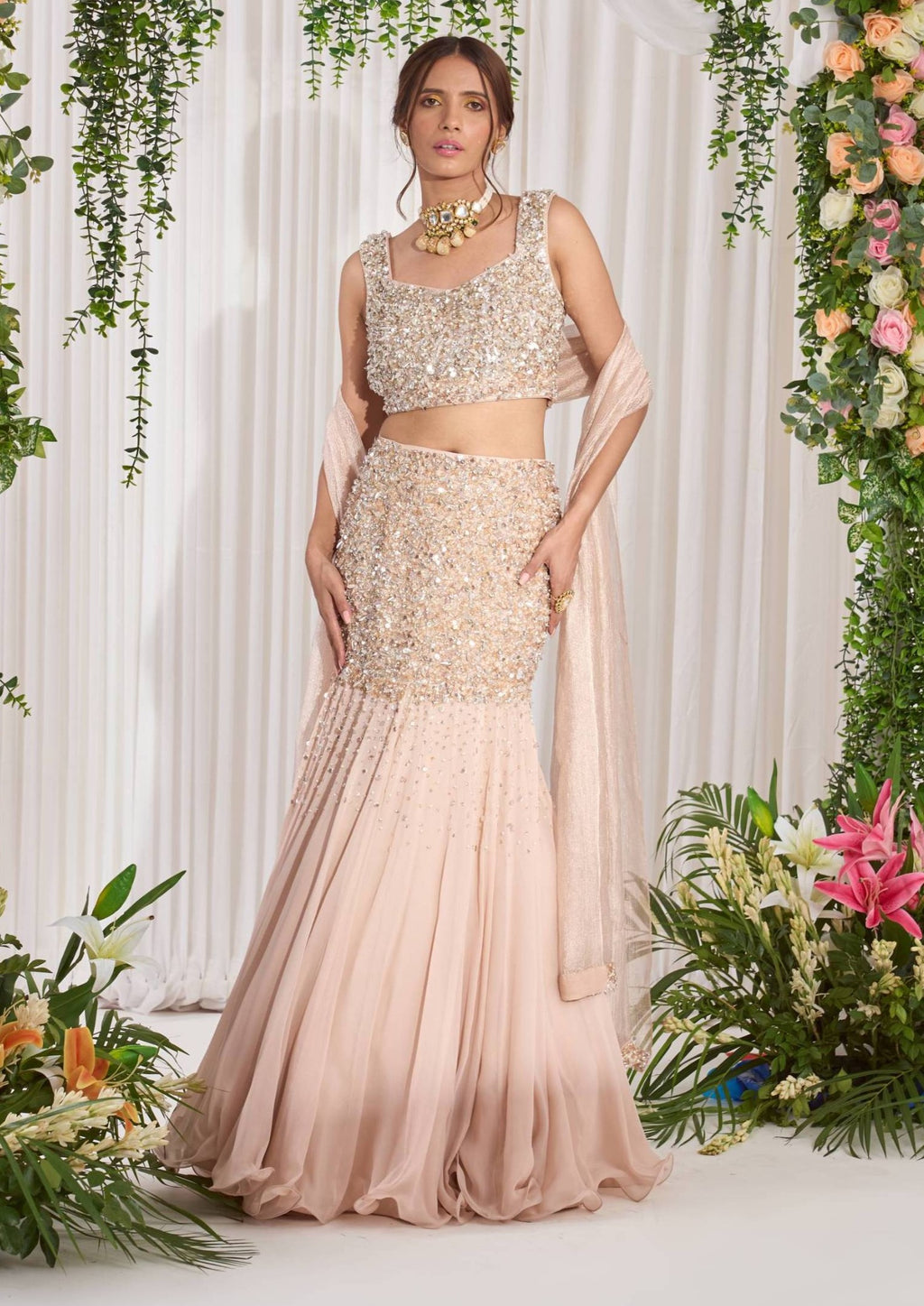 Soft pink fish cut lehenga set