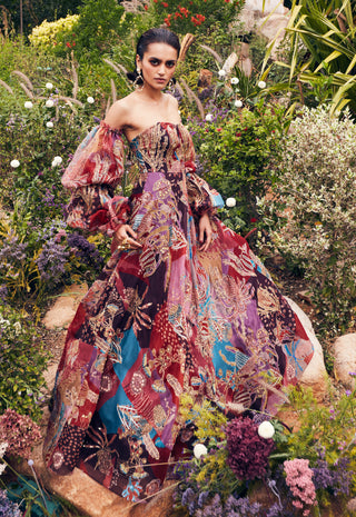 Aisha Rao-Plum Printed Embellished Gown-INDIASPOPUP.COM