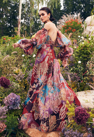 Aisha Rao-Plum Printed Embellished Gown-INDIASPOPUP.COM