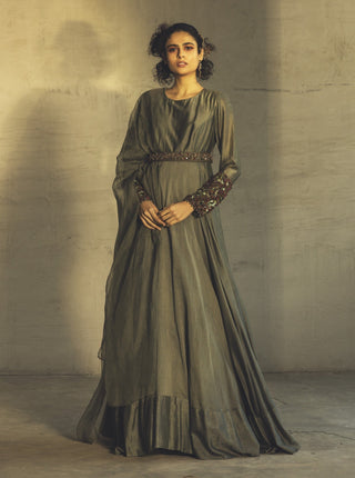 Parul And Preyanka-Sage Anarkali With Dupatta & Belt-INDIASPOPUP.COM