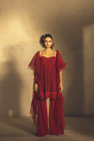 Parul And Preyanka-Red Kurta With Dupatta & Palazzo-INDIASPOPUP.COM